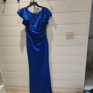 Jessica Howard Blue Gown with Flutter Cap Sleeves and Crew Neck